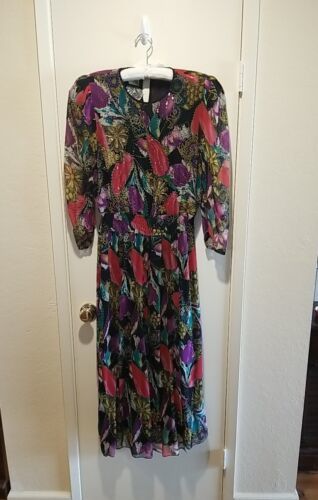 Vtg Diane Freis Maxi Silk Dress Size 10? Elastic Waist Bead Seq Lined Slit Skirt Item image 3
