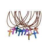 Rainbow Hematite Necklace Unisex Christian Cross with Leather Cord Made ... - $16.82