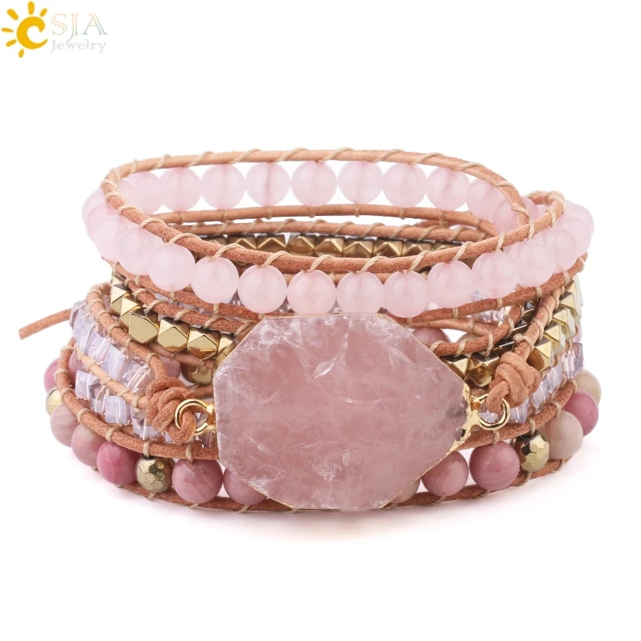 Natural Stone Bracelet Pink Quartz Leather Wrap Bracelets for Women Rose Gems Cr - £29.06 GBP