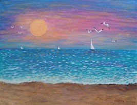 Original Sunset Beach Seascape Seagulls Sailing Painting Birds Ocean Signed Art - £14.23 GBP