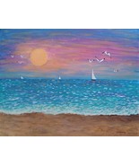 Original Sunset Beach Seascape Seagulls Sailing Painting Birds Ocean Sig... - $18.15