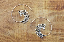 Ethnic Floral Spiral Earrings, Silver Creole Earrings, Bohemian Hoop Ear... - $21.00