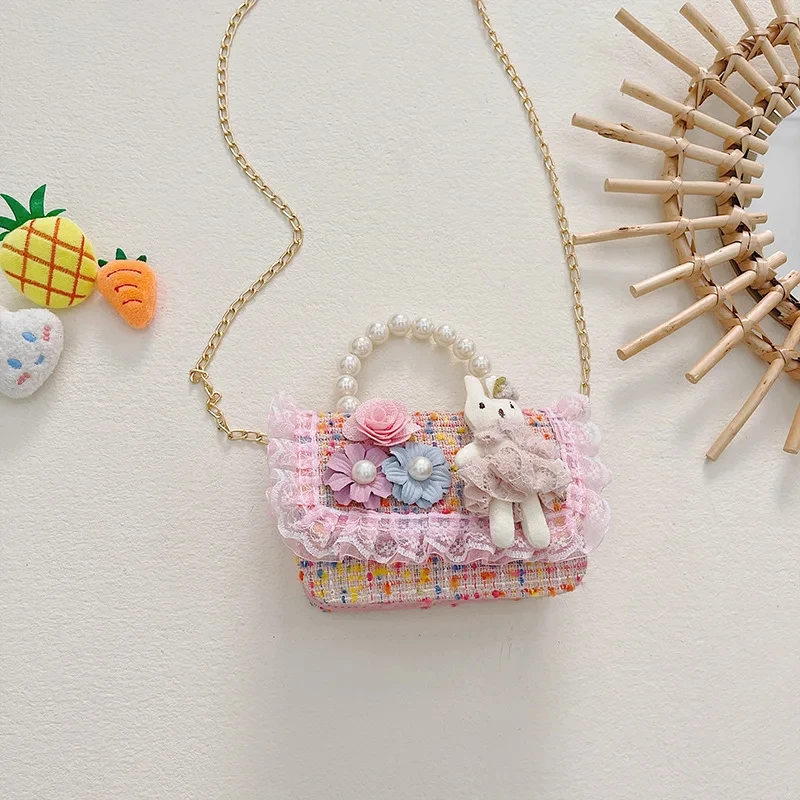 Girl Crossbody Bag Princess Pearl Handbag Cartoon Cute Rabbit Chain Shou... - $46.86