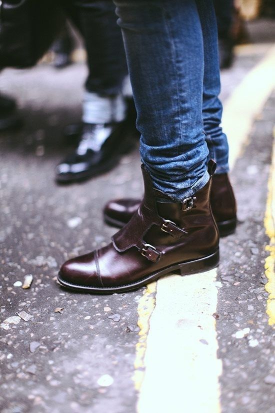 New Handmade Men Triple buckle ankle boots, Men monk boots, Men ankle leather b