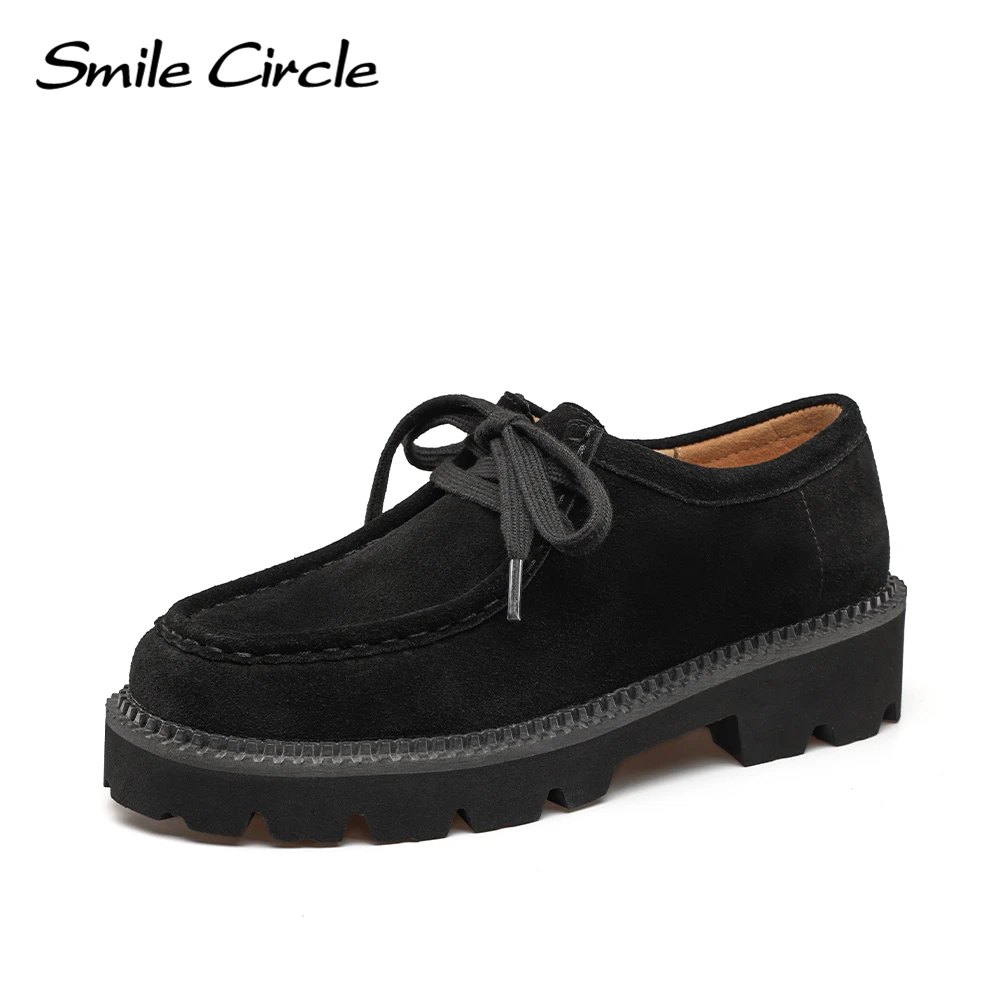 Smile Circle Suede Derby Shoes Women Lace-up Round Toe Flat Platform Sho... - $102.08
