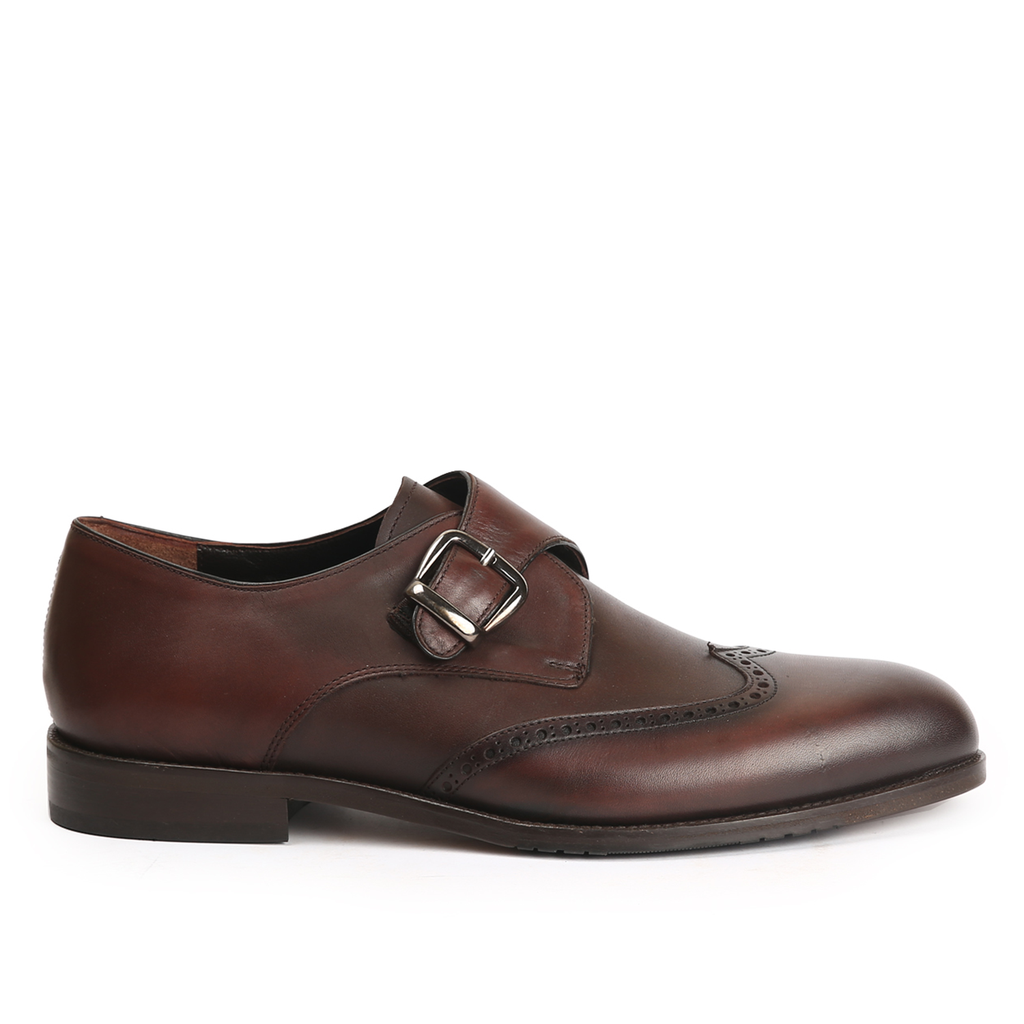 Handmade Men's Genuine Brown Leather Oxford Brogue Monk Strap Buckle Formal Shoe