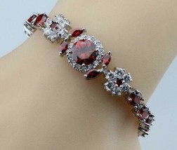 925 Sterling Silverred Garnet White Topaz Tennis Gemstone Bracelet Chain Jewel - £14.23 GBP