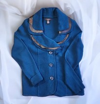 Alfani Dark Teal Blue 100% Merino Wool Ruffle Collar Cardigan Sweater Me... - $36.63