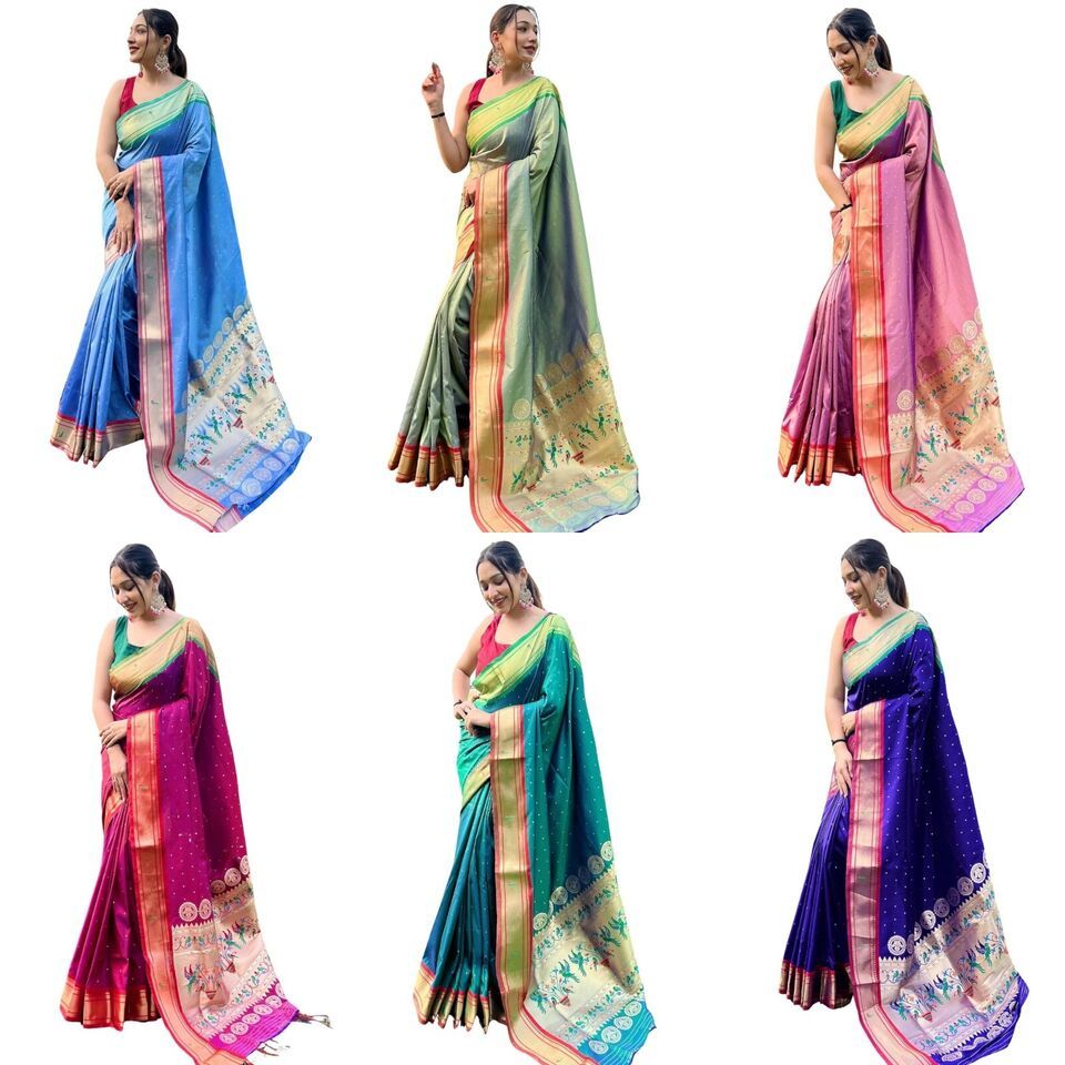 Paithani Soft Lichi Silk Kanjivaram Sarees With Blouse Piece - £27.72 GBP