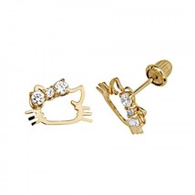 14K Yellow Gold Cat Cubic Zirconia Stud Earrings - $84.99