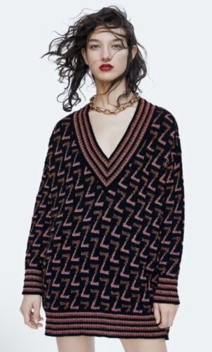 Primary image for Zara Knit Oversized Metallic Sweater Sz Small Black Pink Logo V Neck Pullover