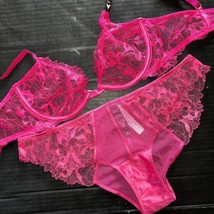 NWT Victoria&#39;s Secret unlined 32D,34C BRA SET M panty Hot Pink floral lace mesh - £63.22 GBP