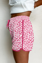 Pink Leopard Elastic Waistband Lace up Contrast Trim Casual Shorts - $211.65 MXN
