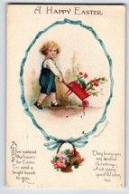 Easter Postcard Signed Ellen Clapsaddle 1918 Girl In Overalls Flower Cart Wolf - £15.76 GBP