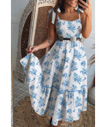 Sky Blue Floral Print Shirred Knot Shoulder Sleeveless Long Dress - $40.99