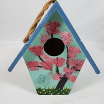 Vintage Farmhouse Wood Bird House Hand Painted 6x5x4 Inch Blue Pink - £6.46 GBP