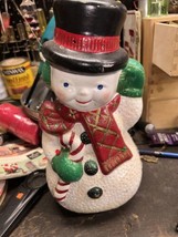 Snowman Frosty Vintage Ceramic Mold 13” Top Hat Candy Cane Scarf Hand Pa... - £23.50 GBP