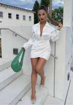 Zara Satin Effect Dress XS White Long Sleeve  V Neck Collared Mini Short... - $36.94
