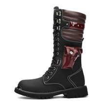 Men&#39;s Leather Motorcycle Boots High Top Mid-calf Military Combat Punk Rock Boots - £81.20 GBP