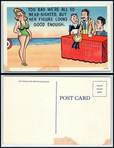 Vintage Postcard-Girl With Glasses &amp; Bathing In Beauty Contest &amp; 3 Judge... - £2.36 GBP