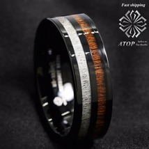 8mm Black Tungsten Carbide Ring Deer Antler and Koa Wood Inlay Wedding Band ring - £35.95 GBP