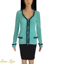 VINTAGE CACHE AQUA &amp; BLACK FRINGE RIBBED FITTED CARDIGAN SWEATER S M - $75.29 CAD