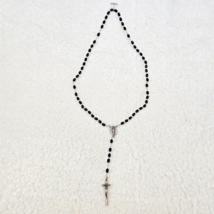 Rosary Black Beads Silvertone Crucifix Italy 24&quot; Vtg Catholic Papal Jesus - £23.00 GBP