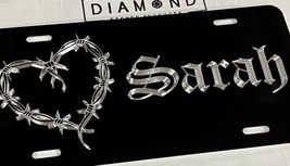 Engraved Custom Your Name Barbed Wire Heart Car Tag Diamond Etched Licen... - $27.23 CAD