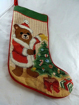 Needlepoint stocking Teddy Bear  in Santa suit Christmas velvet back 17&quot; - £18.76 GBP