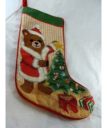 Needlepoint stocking Teddy Bear  in Santa suit Christmas velvet back 17&quot; - $443.98 MXN
