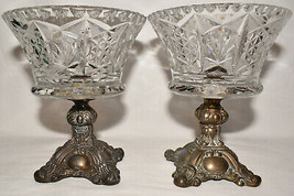 Pr Vtg Crystal Glass Compotes w Brass Base Elegant Depression Glass Footed Bowls - £118.73 GBP