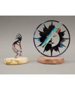 2 Southwestern Painted Sculptures Celestial Sun / Moon &amp; Kokopelli On Stone - $43.99
