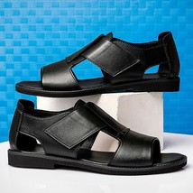 Roman Style Black Flat Sandals for Men Cow Split Leather Comfortable Summer Shoe - £54.91 GBP