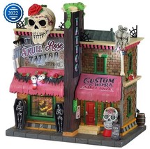 Lemax Skull and Rose Tattoo Studio Parlor Halloween Village Light Up ON SALE - £59.31 GBP
