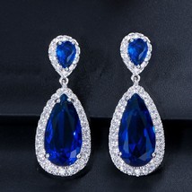 ANEGLCZ Royal Blue Stone Earring Water Drop Cubic Zirconia Bridal Long Earrings  - £16.07 GBP