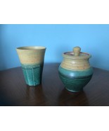 Lot 2 pc Vintage Barking Spider Pottery  Tumbler &amp; Lidded Jar Condiment - $24.75