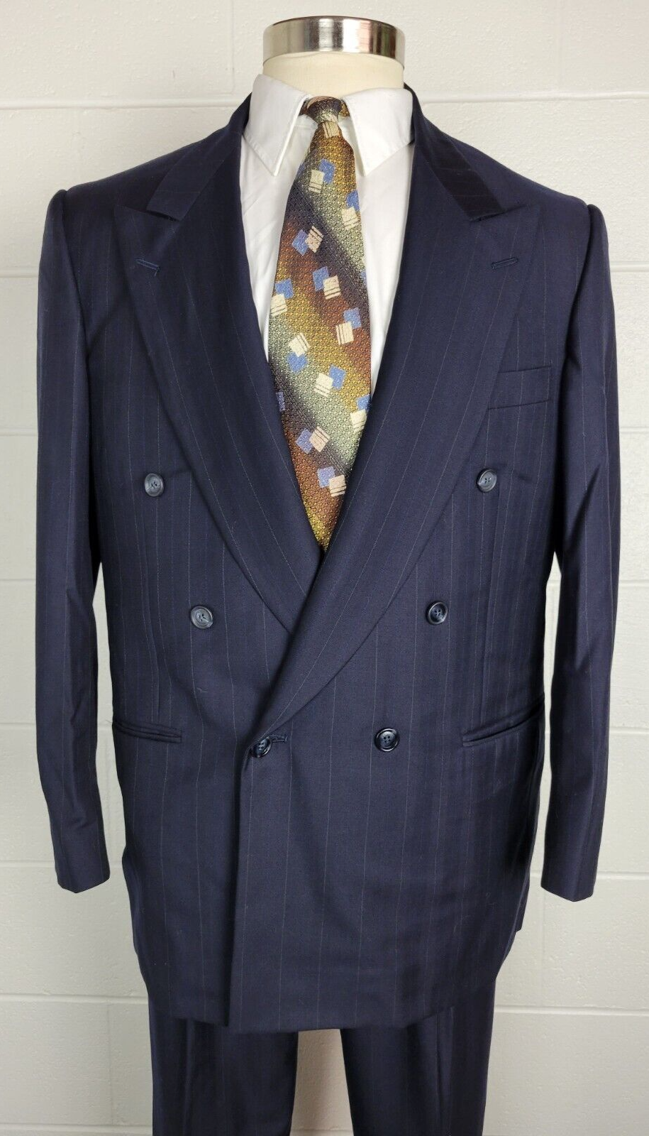 Primary image for Samuelsohn Tilford Mens Double Breasted Blue Pinstripe Wool Suit 43R