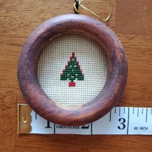 Vintage Cross Stitch Ornament, Needlepoint Christmas Tree In Wood Ring, Handmade image 5