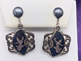Vintage Sterling Silver Nielloware Siam Earrings Mekkala Goddess Clip Screw-Back - £26.12 GBP