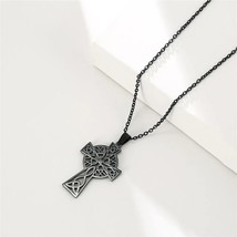 Celtic Cross Necklace Black Stainless Steel Trinity Crucifix Amulet with Chain - £13.79 GBP