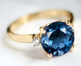  2Ct Lab Created London Blue Topaz Solitaire Engagement Ring 14K Yellow Gold FN  - £74.73 GBP