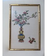 VINTAGE 20&quot;X14&quot; ASIAN GOLD BAMBOO STYLE FRAMED NEEDLEPOINT FLORAL SILK ART - $79.99