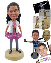 Personalized Bobblehead Young lady having fun with her flamingo life saver weain - £71.18 GBP