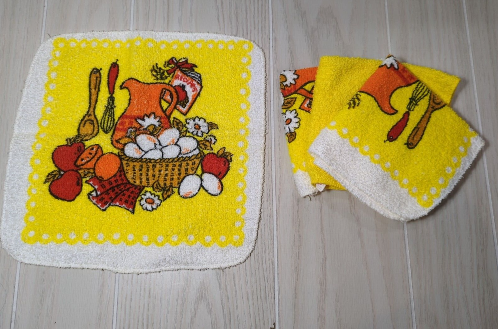 St. Mary's vintage 70s dish cloths lot 4 yellow pitcher eggs basket fruit spoon