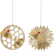Gisela Graham  Honey Bee And Honey Comb Glitter Christmas Ornaments Set ... - £9.74 GBP