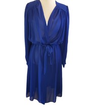 Vintage 80s Royal Blue Sheer Longsleeve Faux Wrap Midi Dress Size Medium - £37.28 GBP