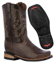 Kids Unisex Genuine Leather Western Wear Boots Dark Brown Square Toe Botas - £43.95 GBP