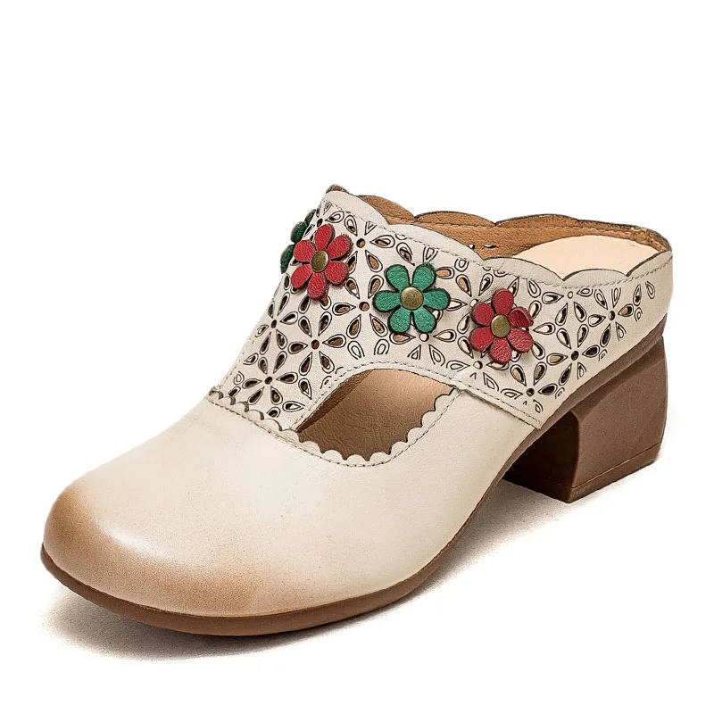 Ethnic Style Women Slippers Summer High Heel Round Toe Shoes Genuine Leather Sli - £74.68 GBP