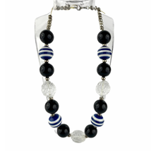 Round Chunky Big Lucite Bead Necklace Blue Black Clear Floral Design Silver Tone - £18.70 GBP