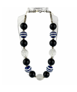 Round Chunky Big Lucite Bead Necklace Blue Black Clear Floral Design Sil... - £18.38 GBP